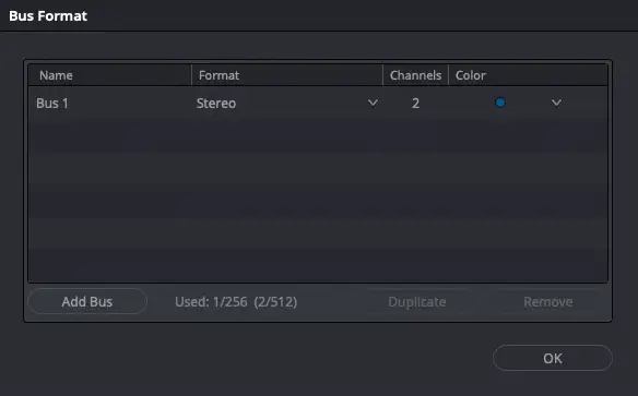 Bus Format Settings – Stereo